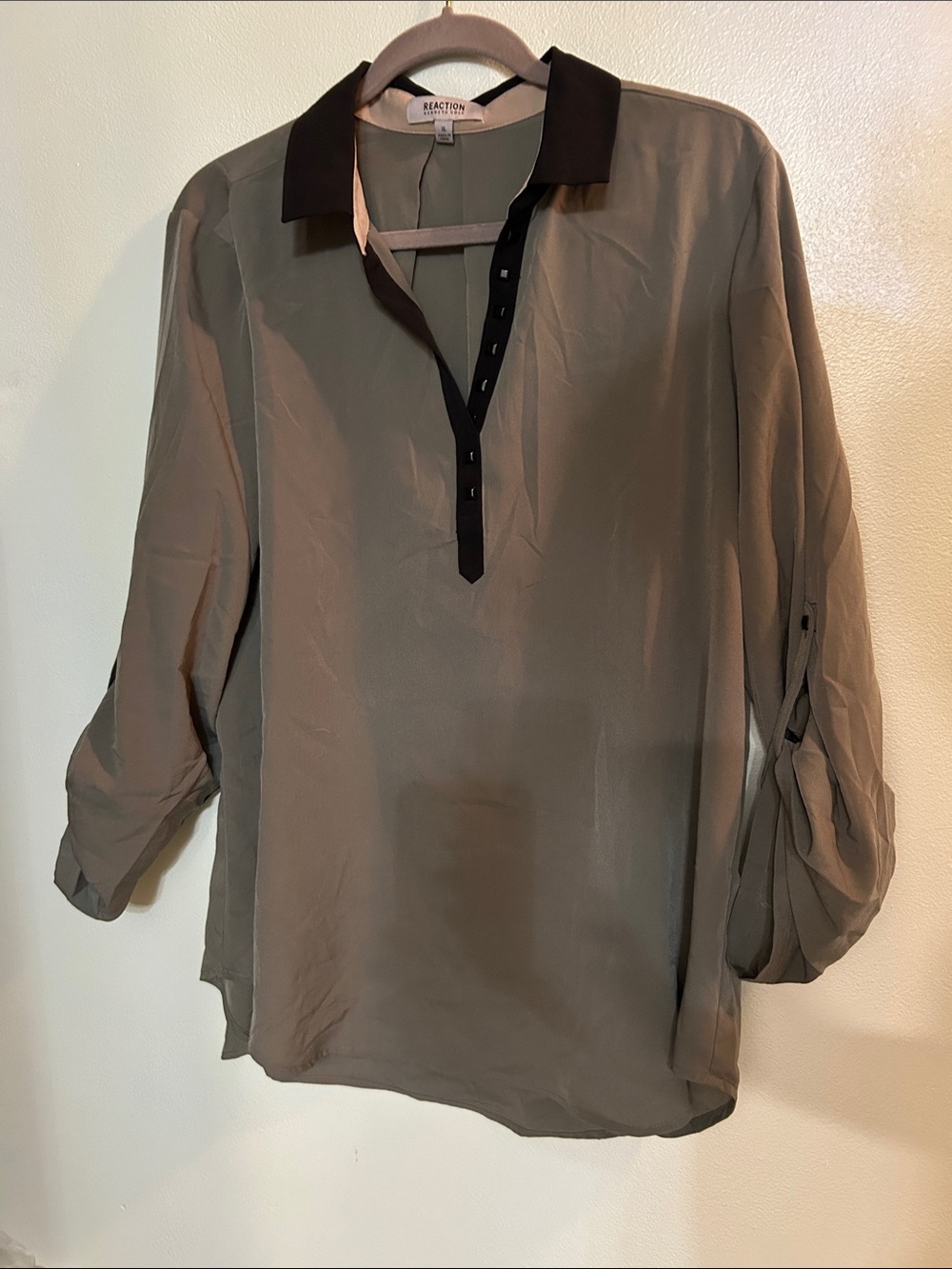 Kenneth Cole Reaction Olive Green Blouse with Black Trim